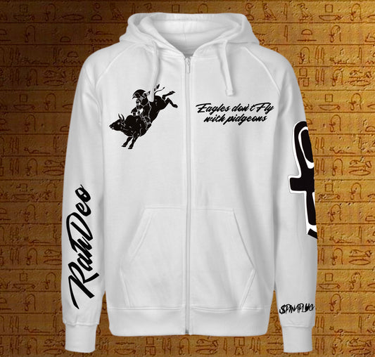 White Hoodie Zip Eagles don't Fly with pidgeons RahDeo